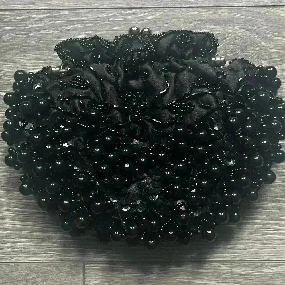 Vintage Style Black 20s Flapper Beaded Bag Removable Silver Strap Costume Party